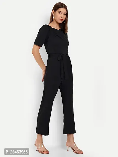 Classy Fashion Women's Crew Neck Short Puff Sleeves Solid Pleated Regular Jumpsuit With Tie Waist Belt-thumb2