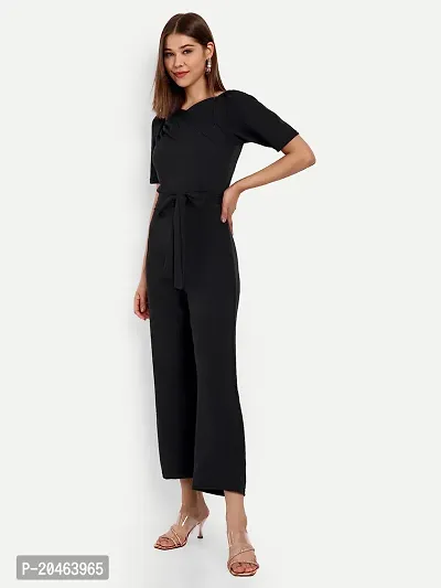 Classy Fashion Women's Crew Neck Short Puff Sleeves Solid Pleated Regular Jumpsuit With Tie Waist Belt-thumb3