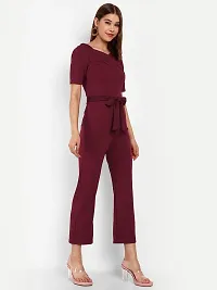 Classy Fashion Women's Crew Neck Short Puff Sleeves Solid Pleated Regular Jumpsuit With Tie Waist Belt-thumb1