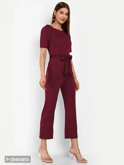 Classy Fashion Women's Crew Neck Short Puff Sleeves Solid Pleated Regular Jumpsuit With Tie Waist Belt-thumb2