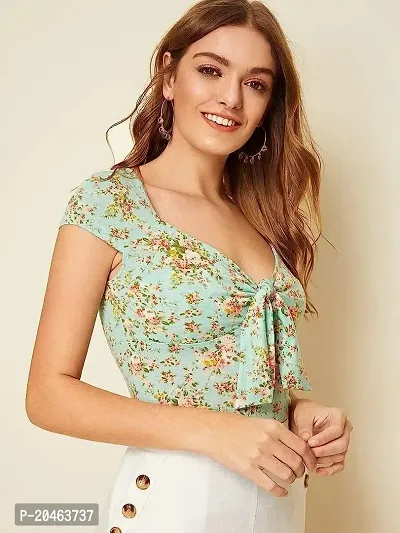 Classy Fashion Floral Print Sweetheart Neck Tie Front Top (Medium) Mint Green-thumb4