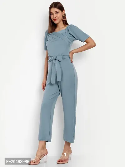 Classy Fashion Women's Crew Neck Short Puff Sleeves Solid Pleated Regular Jumpsuit With Tie Waist Belt-thumb3