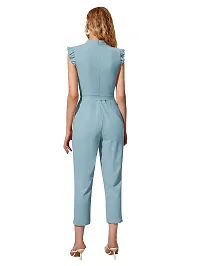 Classy Fashion Mock-Neck Ruffle Cuff Self Belted Jumpsuit (XL, Sky Blue)-thumb1