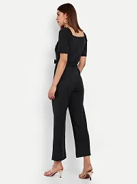 Classy Fashion Women's Crew Neck Short Puff Sleeves Solid Pleated Regular Jumpsuit With Tie Waist Belt-thumb4