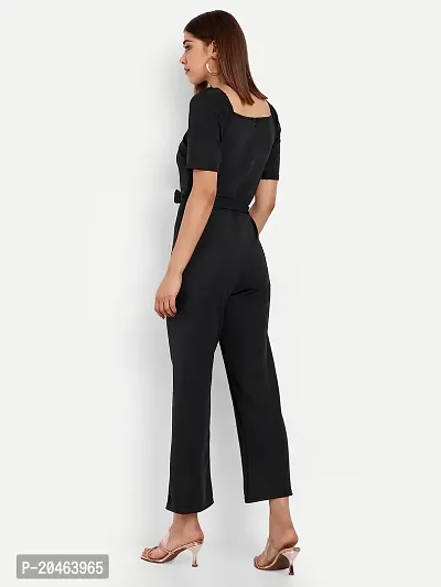 Classy Fashion Women's Crew Neck Short Puff Sleeves Solid Pleated Regular Jumpsuit With Tie Waist Belt-thumb5