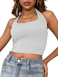 Classy Fashion Backless Ribbed Knit Halter Girl's and Women Top (Large, White)-thumb3