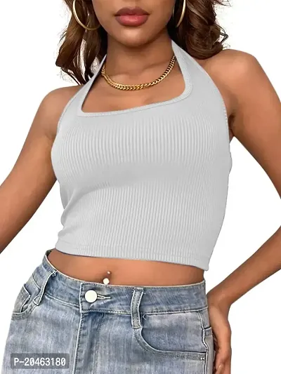 Classy Fashion Backless Ribbed Knit Halter Girl's and Women Top (Large, White)-thumb4