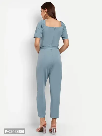 Classy Fashion Women's Crew Neck Short Puff Sleeves Solid Pleated Regular Jumpsuit With Tie Waist Belt-thumb5