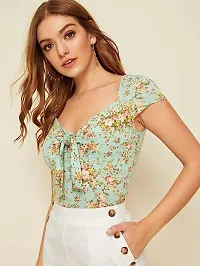Classy Fashion Floral Print Sweetheart Neck Tie Front Top (Medium) Mint Green-thumb2