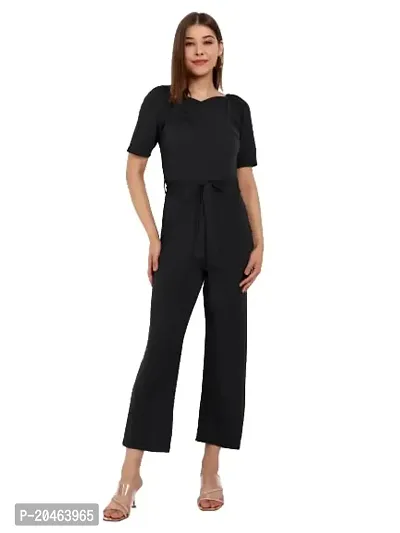 Classy Fashion Women's Crew Neck Short Puff Sleeves Solid Pleated Regular Jumpsuit With Tie Waist Belt