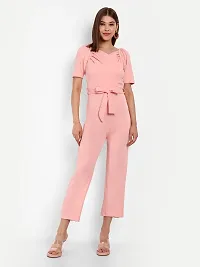 Classy Fashion Women's Crew Neck Short Puff Sleeves Solid Pleated Regular Jumpsuit With Tie Waist Belt-thumb4
