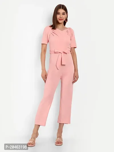 Classy Fashion Women's Crew Neck Short Puff Sleeves Solid Pleated Regular Jumpsuit With Tie Waist Belt-thumb5