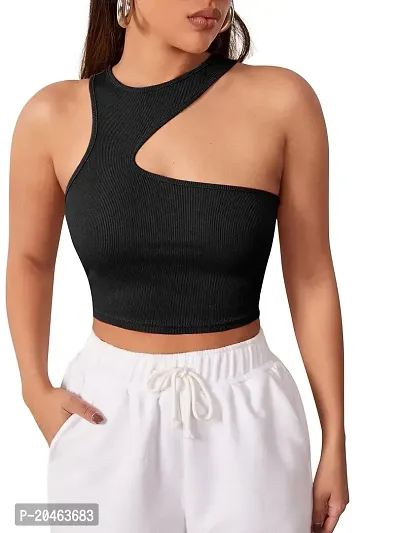 Classy Fashion Women's Solid Ribbed Cotton Round Neck Crop Top | Stretchy, Soft  Breathable Cut Out Tank Top for Girls (Black, S)-thumb0