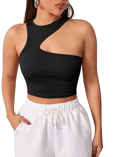 Classy Fashion Women's Solid Ribbed Round Neck Crop Top | Stretchy, Soft Breathable Cut Out Tank Top for Girls (Black, S)