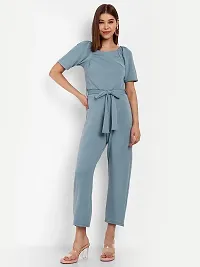 Classy Fashion Women's Crew Neck Short Puff Sleeves Solid Pleated Regular Jumpsuit With Tie Waist Belt-thumb3