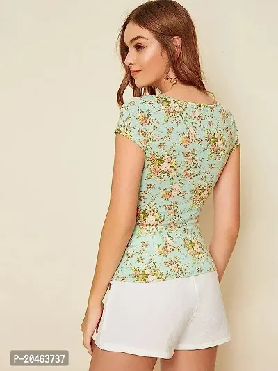 Classy Fashion Floral Print Sweetheart Neck Tie Front Top (Medium) Mint Green-thumb2