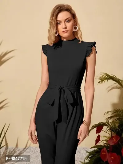 Classy Fashion Polyester Spandex Mock-Neck Ruffle Cuff Self Belted Jumpsuit-thumb2