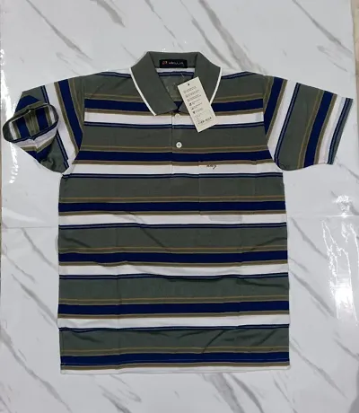 Stylish Men Striped Cotton Collar T-Shirt with Pocket