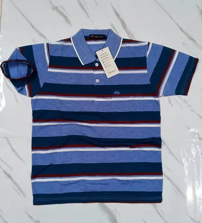 Stylish Men Striped Cotton Collar T-Shirt with Pocket