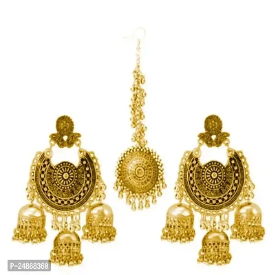 Women Gold Plated Earrings Alloy Jhumka with Tikka-thumb0