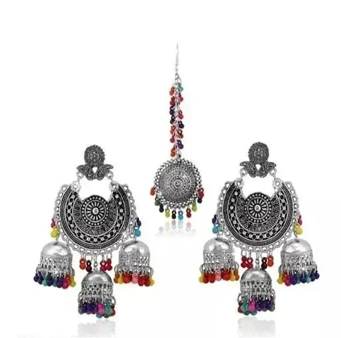 CosMos German Oxidised Silver Afghani Navratri Garba Style Traditional Maang T.ikka with Jhumka Earrings Jewellery Set for Women and Girls