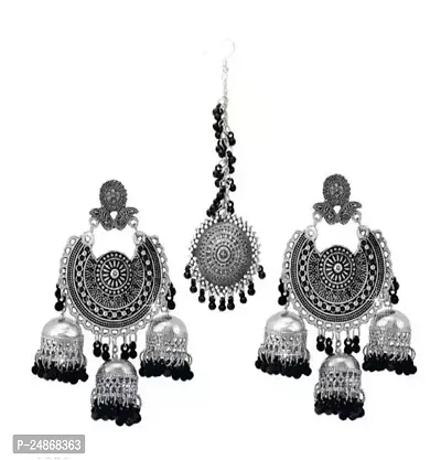 Women Silver Plated Earrings Alloy Jhumka with Tikka