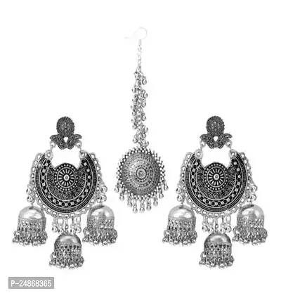 Women Silver Plated Earrings Alloy Jhumka with Tikka-thumb0