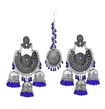 Oxidized Silver Chandbali/Dangler Red Beaded Earrings With Mang TikKa Traditional For Women/Girls