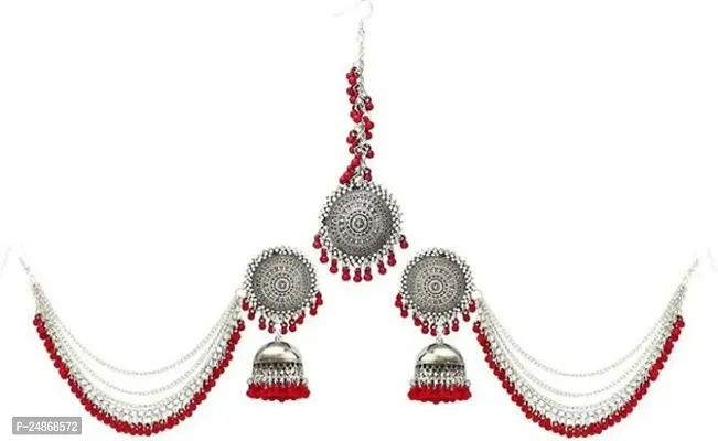 Women Silver Plated Earrings Alloy Jhumka with Tikka-thumb0