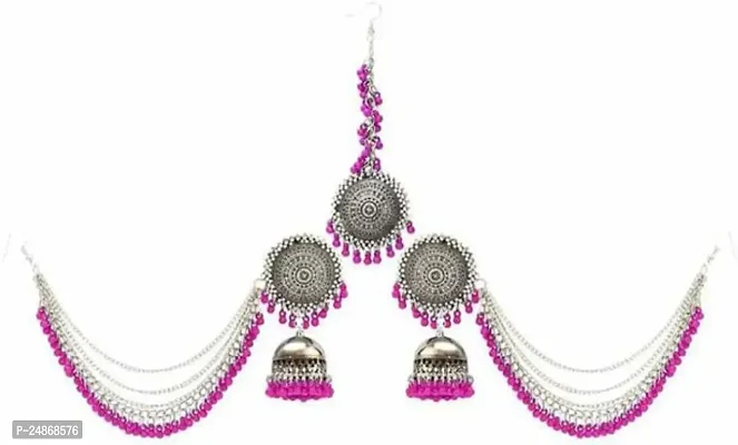 Women Silver Plated Earrings Alloy Jhumka with Tikka