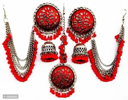 Women Silver Plated Earrings Alloy Jhumka with Tikka