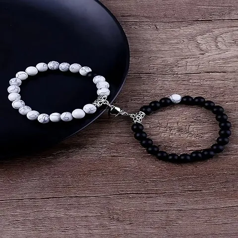 Shree Jutrade; Exclusive Trendy and Stylish Magnetic Heart Couple Bracelets Beaded Stone Onyx Stretchable Wrist Band Gift Jewellery For Men Women Unisex