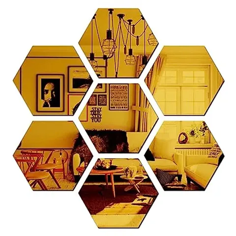 7 Hexagon Golden Decorative Mirror Sticker for wall, acrylic mirror sticker, hexagonal, wall stickers for hall, bedroom, Kitchen, Home  Offices, Unframed