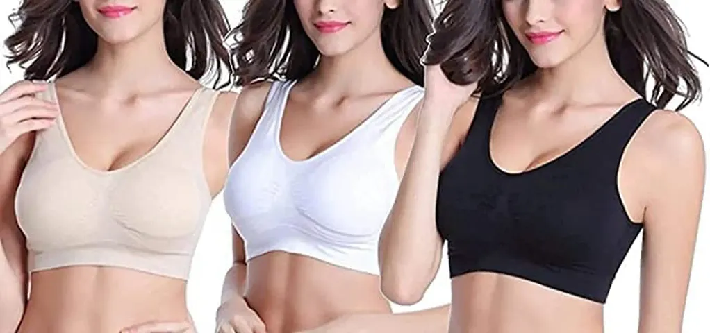 Jiya Fashion Women Polycotton Non Padded Non-Wired Air Sports Bra Inner Wear for Daily Use Pack of 3(Black White Skin) Fit MAELS18 (34)