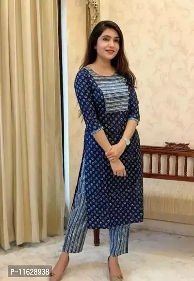 Reliable Blue Self Design Rayon Kurta with Pant Set For Women