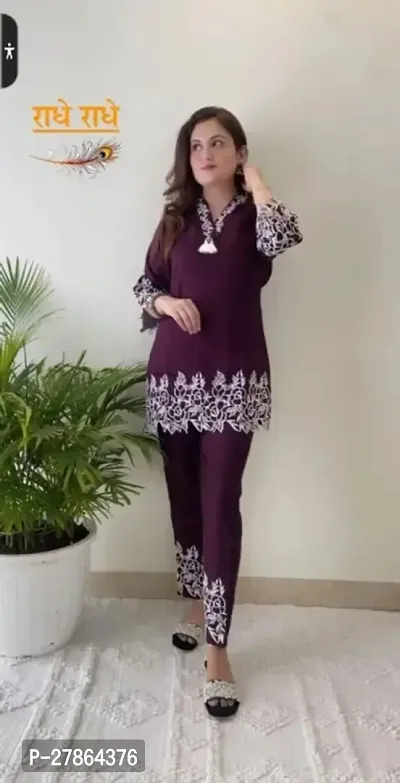 Fancy Embroidery Mehroon Rayon Co-ord Set For Women-thumb0