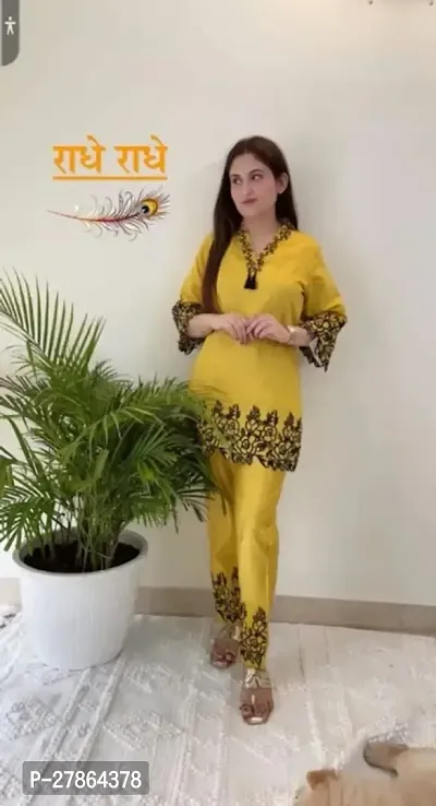 Fancy Yellow Embroidery Rayon Co-ord Set For Women