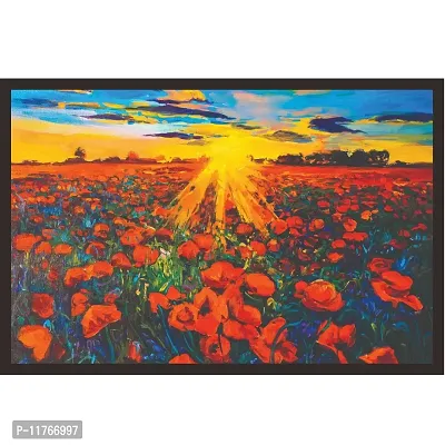 Mad Masters Oil Painting on Textured Paper-Poppy Field and Sunset Framed Painting (Wood, 18 inch x 12 inch, Textured UV Reprint)