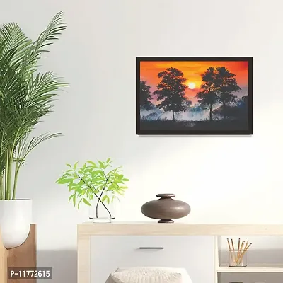 Mad Masters Landscape Sunset in The Forest Framed Wall Painting (18 x 12 inch, Textured UV Reprint)-thumb3