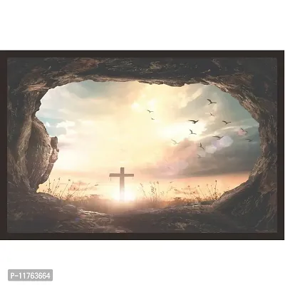 Mad Masters Good Friday Concept: Empty Tomb Stone with Cross on Meadow Sunrise Background. 1 Piece Wooden Framed Painting |Wall Art | Home D?cor | Painting Art | Unique Design | Attractive Frames-thumb0