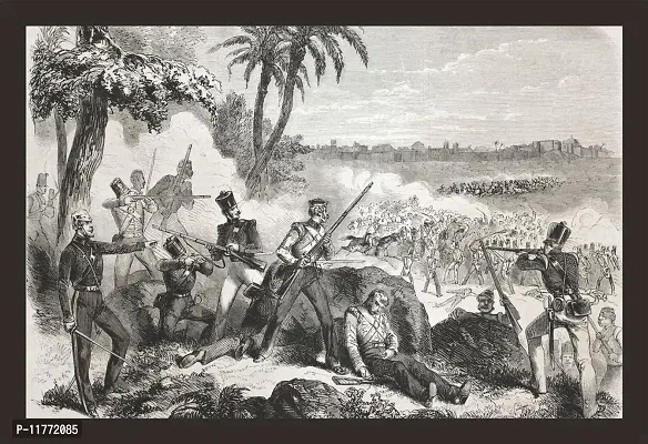 Mad Masters An Old Illustration of British soldiers defending against insurgents near Delhi. Created by Janet-Lange, published on L'Illustration Journal Universel, Paris, 1857 Framed Painting (Wood, 18 inch x 12 inch, Textured UV Reprint)