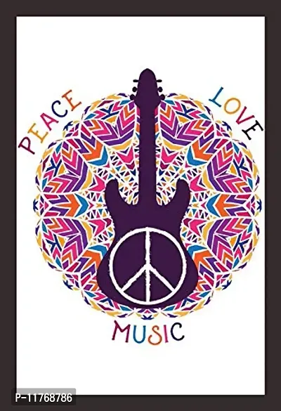 Mad Masters Hippie Peace Symbol. Peace, Love, Music Sign and Guitar on Ornate Colorful Mandala Background. Framed Painting (Wood, 18 inch x 12 inch, Textured UV Reprint)