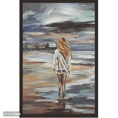 Mad Masters Girl on a Beach Art Framed Painting (Wood, 18 inch x 12 inch, Textured UV Reprint)-thumb0