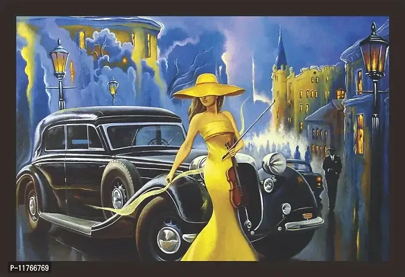 Mad Masters Car and Girl, Old City, Oil Paintings 1 Piece Wooden Framed Painting |Wall Art | Home D?cor | Painting Art | Unique Design | Attractive Frames