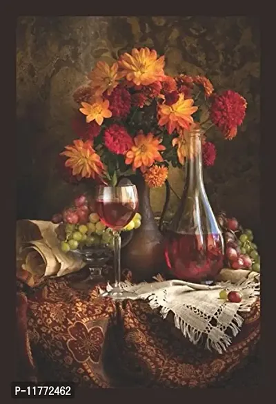 Mad Masters Still Life with Autumn Flowers Grapes and Wine Framed Painting (18 x 12 inch, Textured UV Reprint)