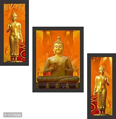 Mad Masters Wall Decorative Buddha Digital Reprint Painting with Frame for Living Room (Glossy Sheet Paper, Multicolour) -Set of 3