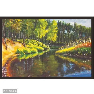 Mad Masters Bright Green Trees Reflected in Water Landscape Framed Painting (18 x 12 inch, Textured UV Reprint)