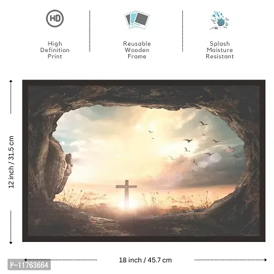 Mad Masters Good Friday Concept: Empty Tomb Stone with Cross on Meadow Sunrise Background. 1 Piece Wooden Framed Painting |Wall Art | Home D?cor | Painting Art | Unique Design | Attractive Frames-thumb2