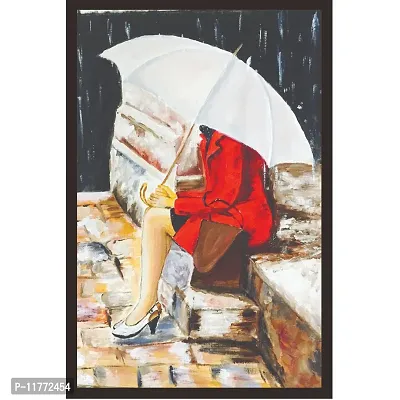 Mad Masters Girl with The Umbrella Framed Painting (Wood, 18 inch x 12 inch, Textured UV Reprint)