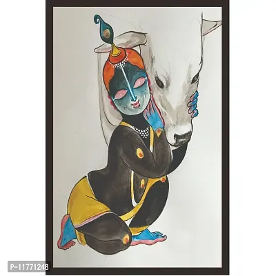 Mad Masters Bal Krishna with Cow 1 Piece Wooden Framed Wall Art Painting for Living Room